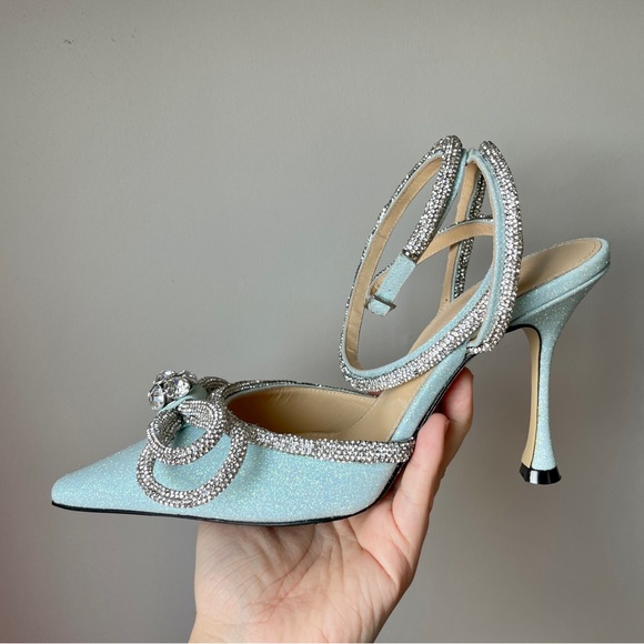Mach & Mach double crystal bow shimmer ankle strap heels - Picture 7 of 17